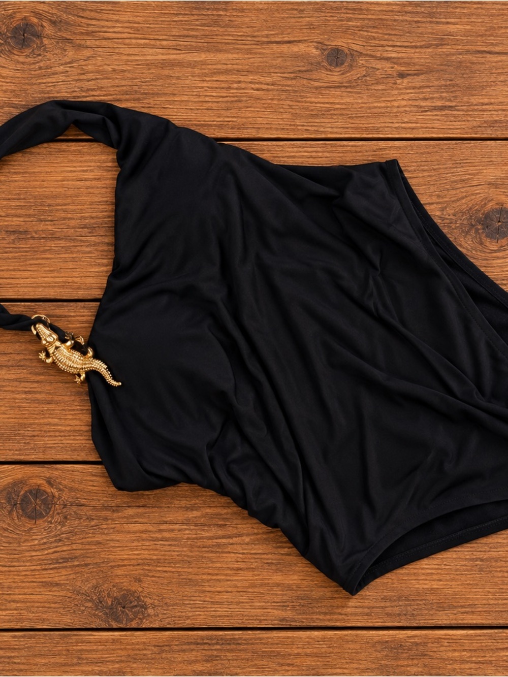 Zara Black One-Shoulder Swimsuit with Gold Accent